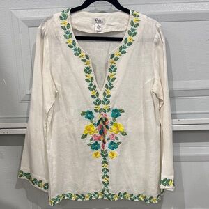 LILLY PULITZER White Linen Tunic with Colorful Floral Embroidery med